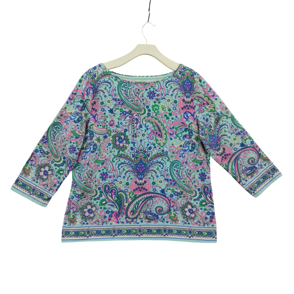 Talbots Women Preppy Coastal Boho Feminine Top Tee XL Blue Pink Paisley